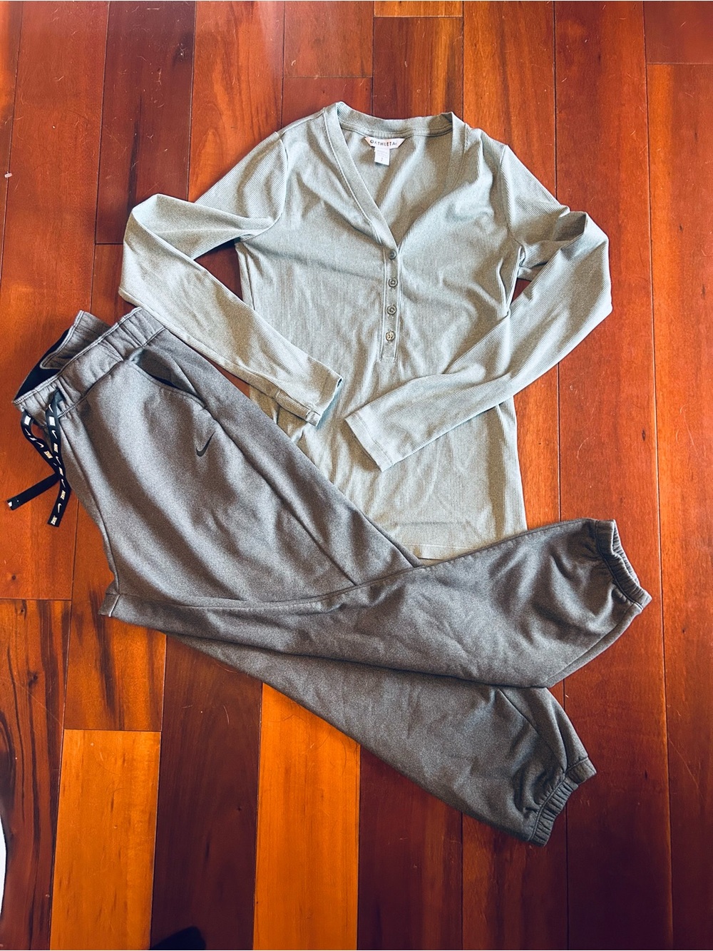 Nike Women's Olive Green Henley Top & Charcoal Gray Joggers Set